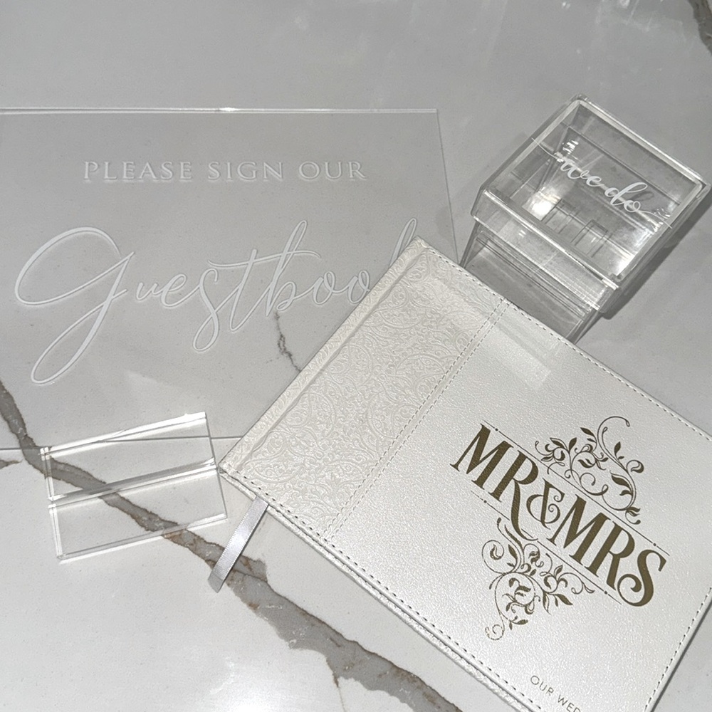 Wedding Guestbook, Guestbook acrylic sign, and “We Do” ring box